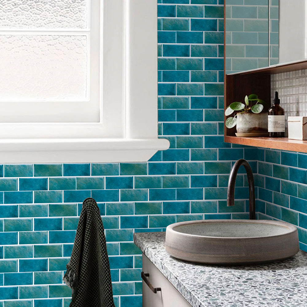 Marble Tile Wall Stickers Blue Green Peel And Stick Wallpaper Waterproof And Oil Proof Self-Adhesive Wall Tile Easy DIY Installation And Maintenance