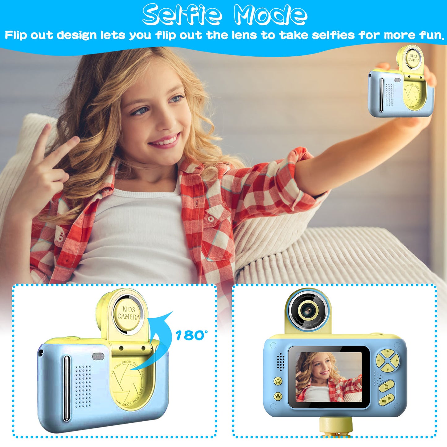 1Pc Kids Digital Camera With Flip Lens Children Video Camcorder Christmas Toy Birthday Gifts With Tripod 2.4in Screen 32G MMC Card For 3-10 Year Old Boys Girls